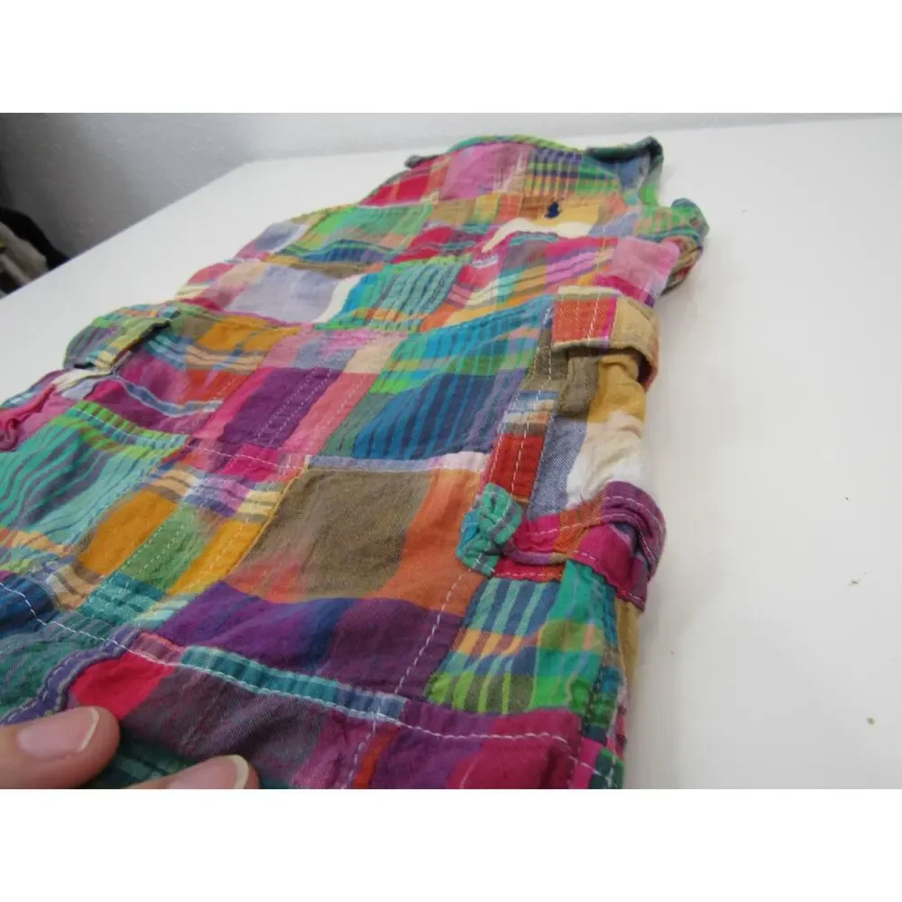 Ralph Lauren 9M Baby Boy Cotton Madras Overall Patchwork Unisex Bibs Rainbow